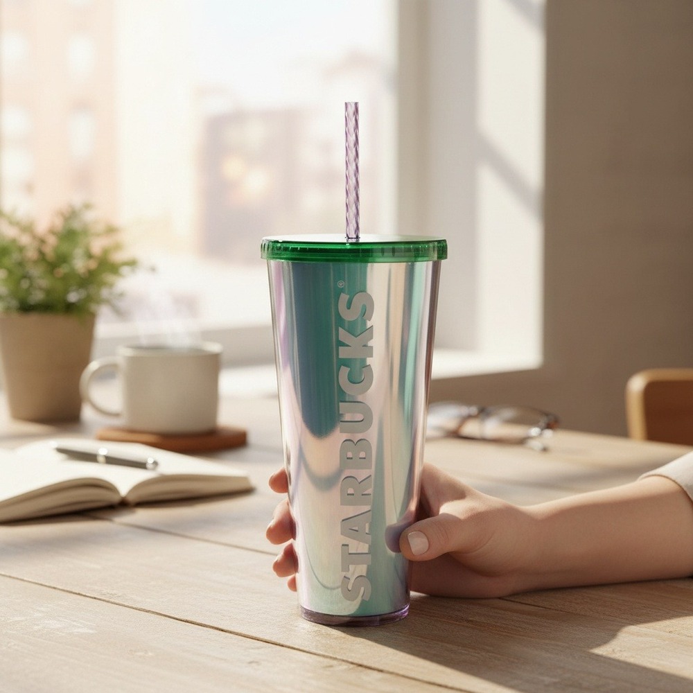 Starbucks Iridescent Tumbler Green Lid Purple Straw